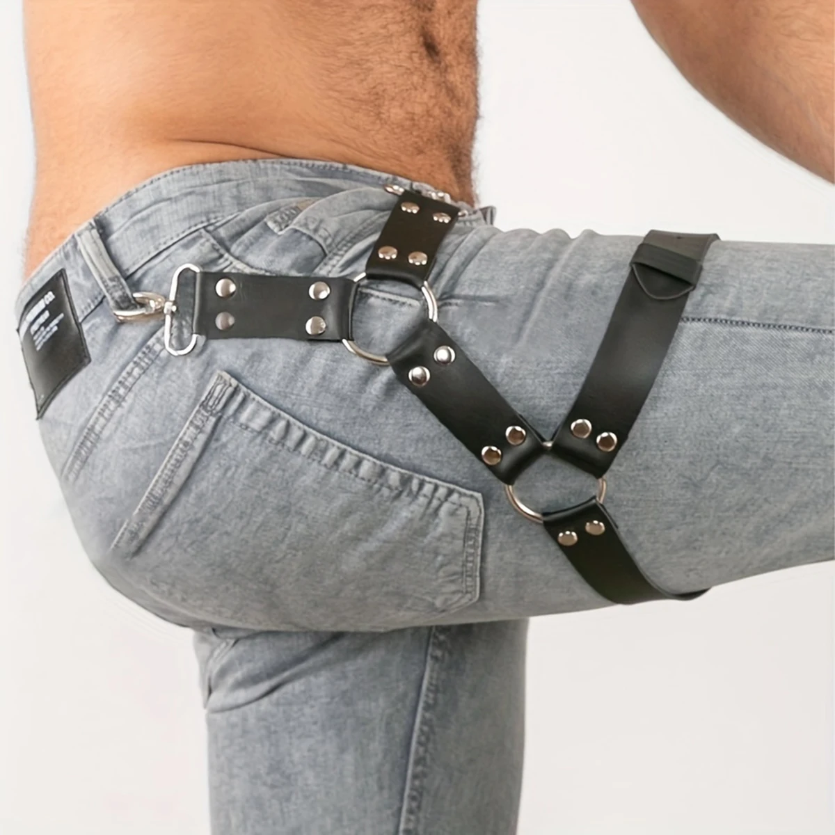 Punk Suspender Men Pu Leather Harness Garter Bondage Leg Belt Suspenders for Jeans Pants Gothic Accessories Adjustable Keychain