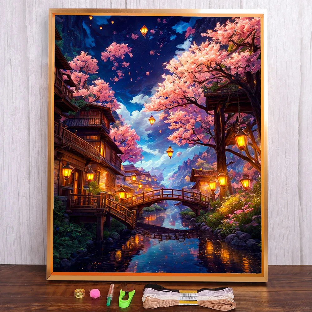 

DIY Cherry Tree Landscape Cross-Stitch Set Cotton Thread Cross Stitch Embroidery Kits Scenery Patterns Printed Canvas Home Decor