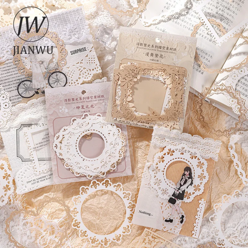 JIANWU 10Sheets Floating Shadow and Light Series Lace Border Collage Material Paper Creative DIY Journal Scrapbooking Stationery