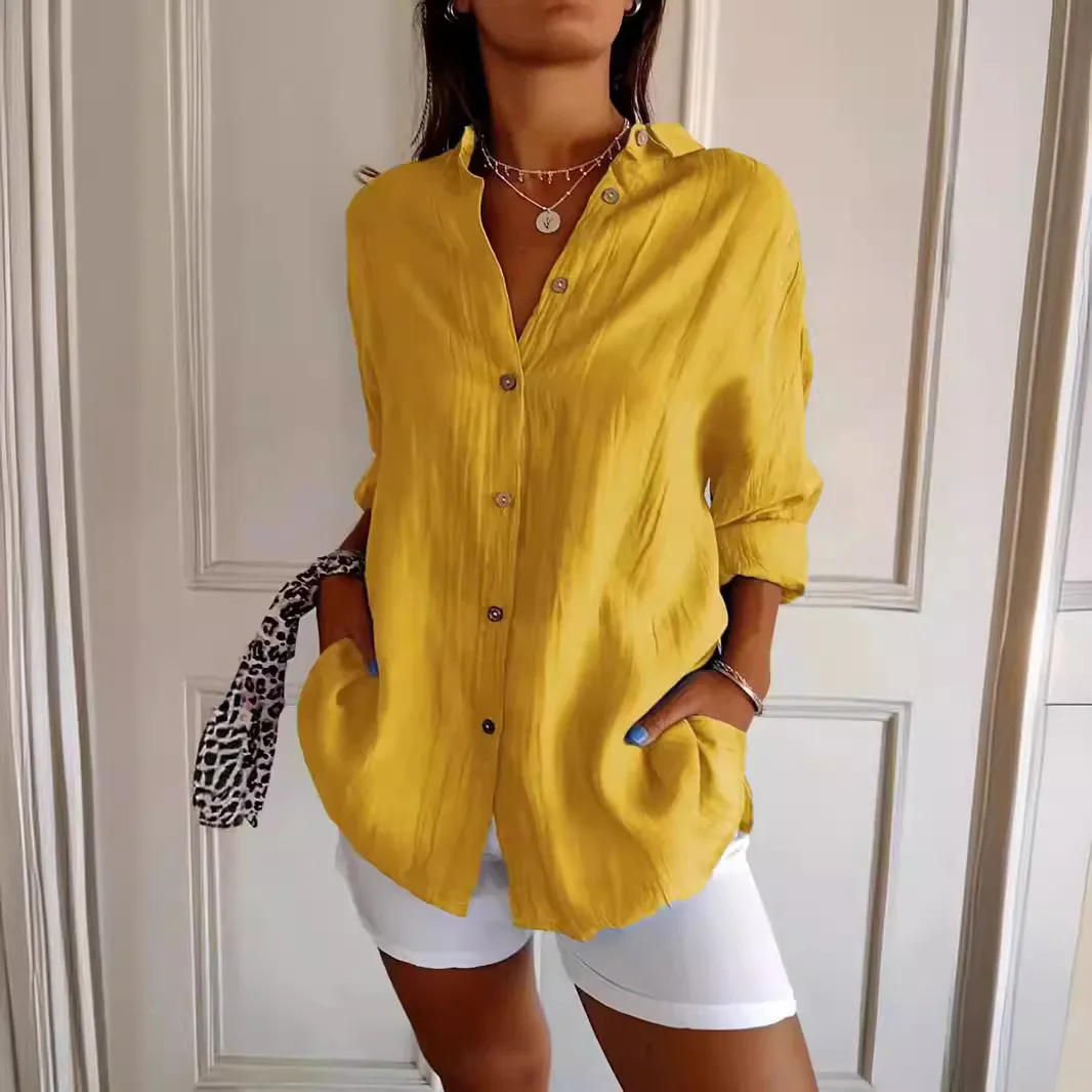 

New 2026 Women's Yellow Blouses Casual Long Sleeve Pleated Single-Breasted Solid Color Shirt Office Work Tops For Female