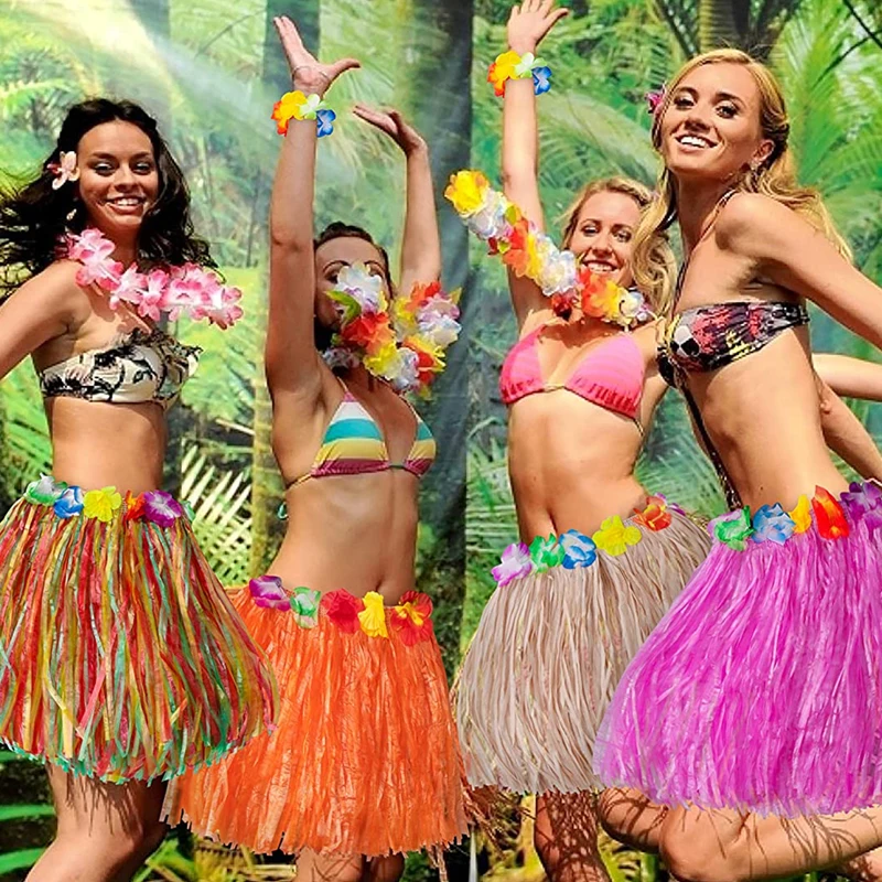 Hawaiian Hula Skirt Set Colorful Grass Skirts and Wrist Straps For Dance Performances Decor And Summer Beach Party Supplies