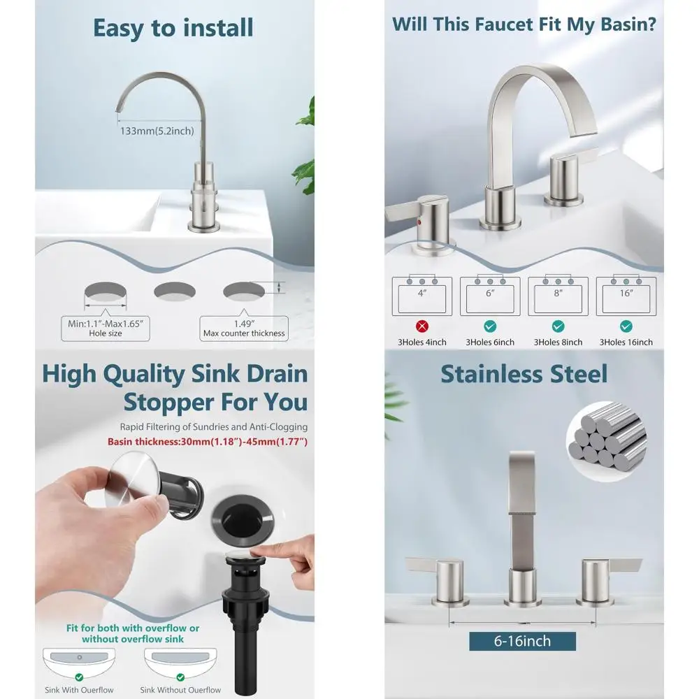 

8 Widespread Waterfall 3-Hole Bathroom Sink Faucet with 2 Handles, Pop-up Drain, and Supply Hose in Brushed Nickel