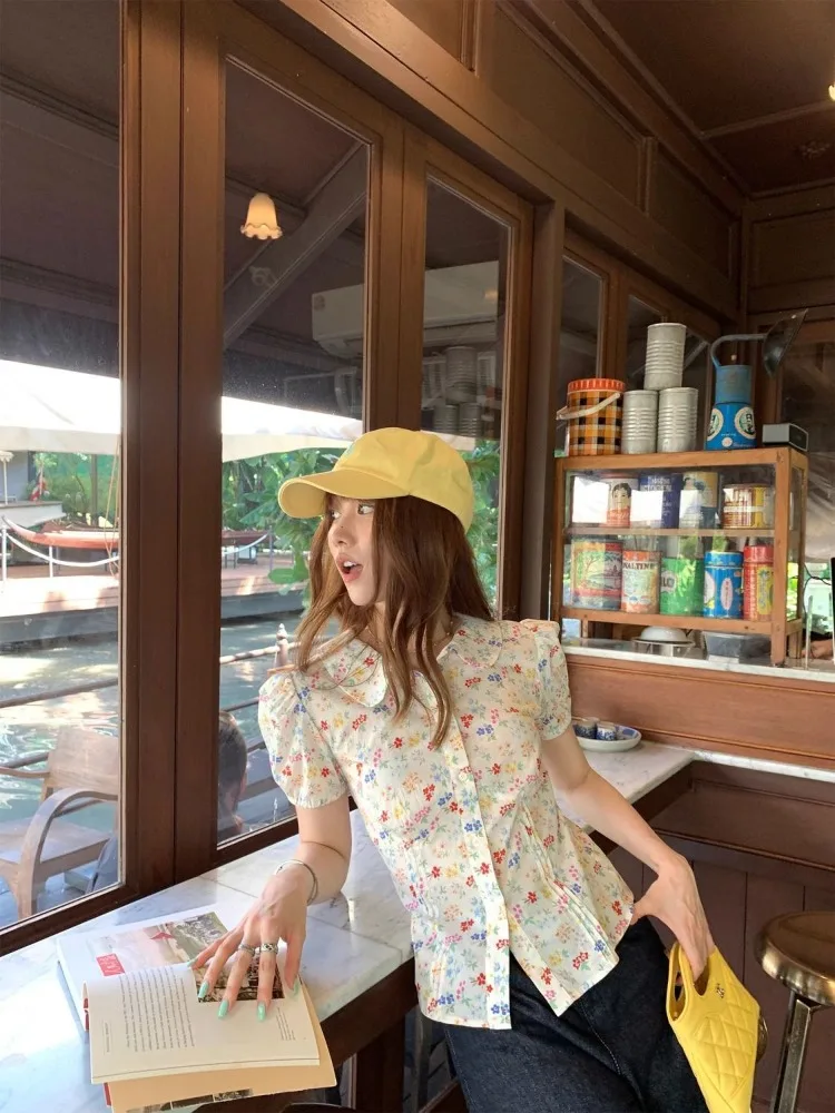 

Deeptown Women Floral Blouses Korean Fashion Sweet Puff Sleeve Shirts Y2k Aesthetic Vintage Cropped Shirts Summer French Style