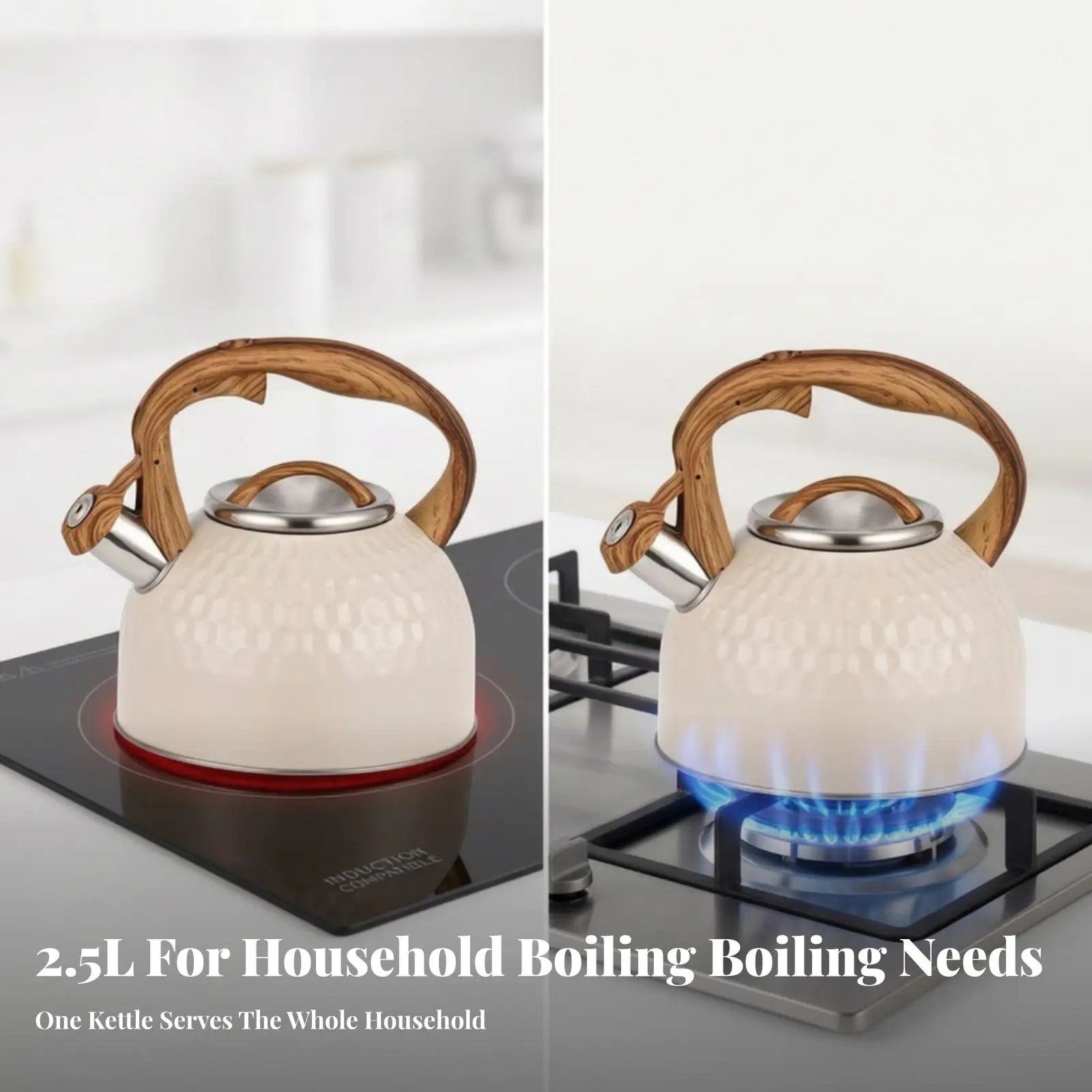 Stainless Steel Singing Kettle Kettle Hammered Textured Body, Wood-Grain Look Handle, Stovetop Tea Kettle, for Kitchen
