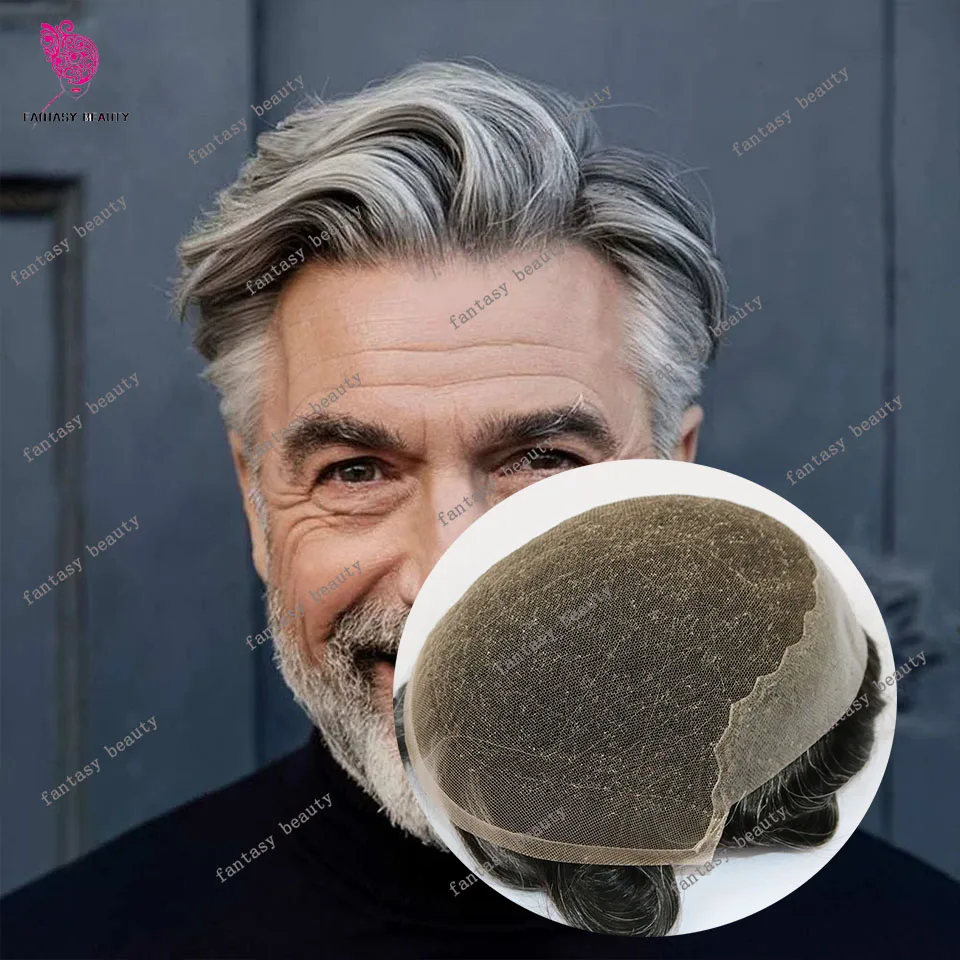 

1B50 1B80 Серый Черный Невидимый Q6 Швейцарский кружевной мужской парик из искусственной кожи 20 # Пепельно-русый парик из 100% человеческих волос, отбеленные узлы, сменная система