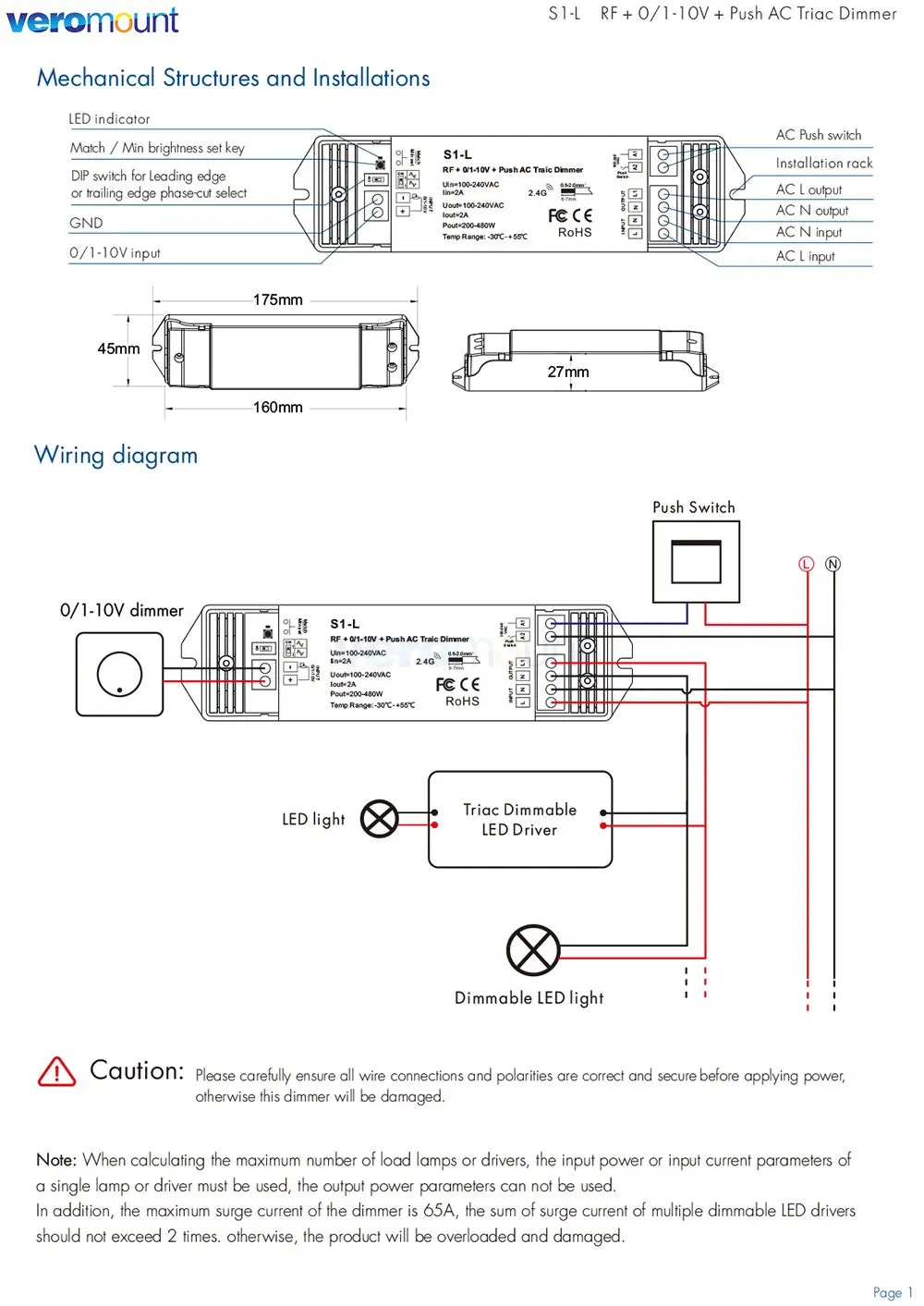 Skydance S1-L 100~240VAC RF+0/1-10V Push AC Triac Phase-cut Dimmer for 200W/480W led smart lighting