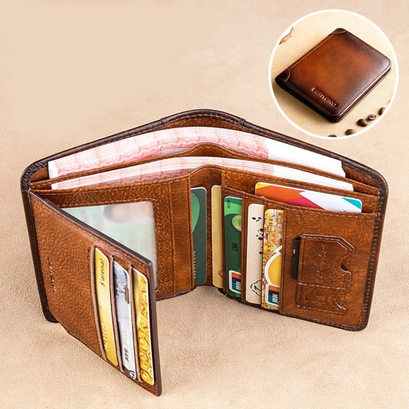 

Genuine Leather Rfid Protection Wallets for Men Vintage Thin Short Multi Function ID Credit Card Holder Money Bag