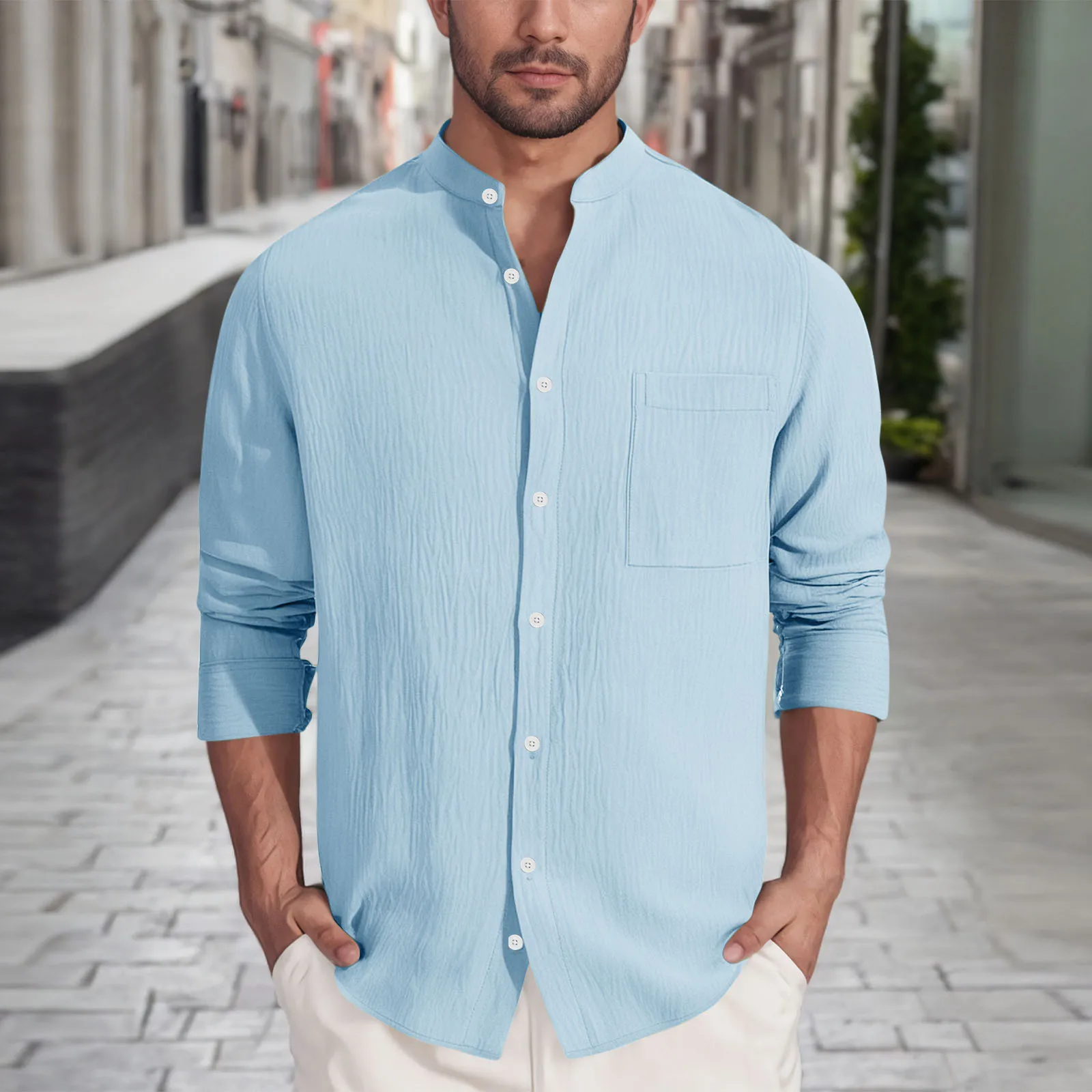 Retro Solid Color Men Casual Shirt Summer Fashion Cotton linen Long Sleeve Henley Shirt Hawaii Male Beach Shirt European Size