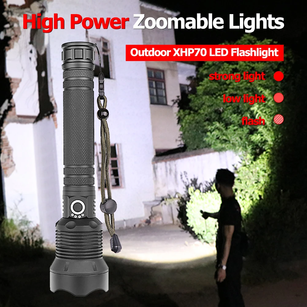 XHP70 LED Flashlight 3 Modes 2000LM Torch Light USB Rechargeable IPX4 Waterproof Super Bright Outdoor Camping Lighting