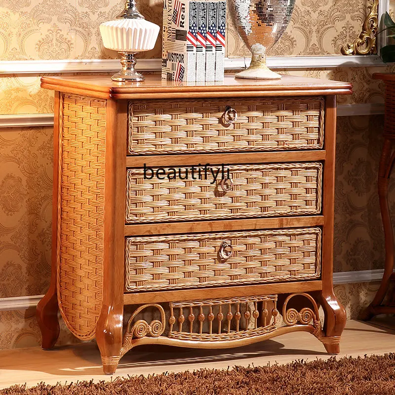 Rattan Chest of Drawers Three-Bucket Cabinet Locker Rattan Cabinet Rattan Furniture Wooden Ball Chest of Drawers Custom Hotel