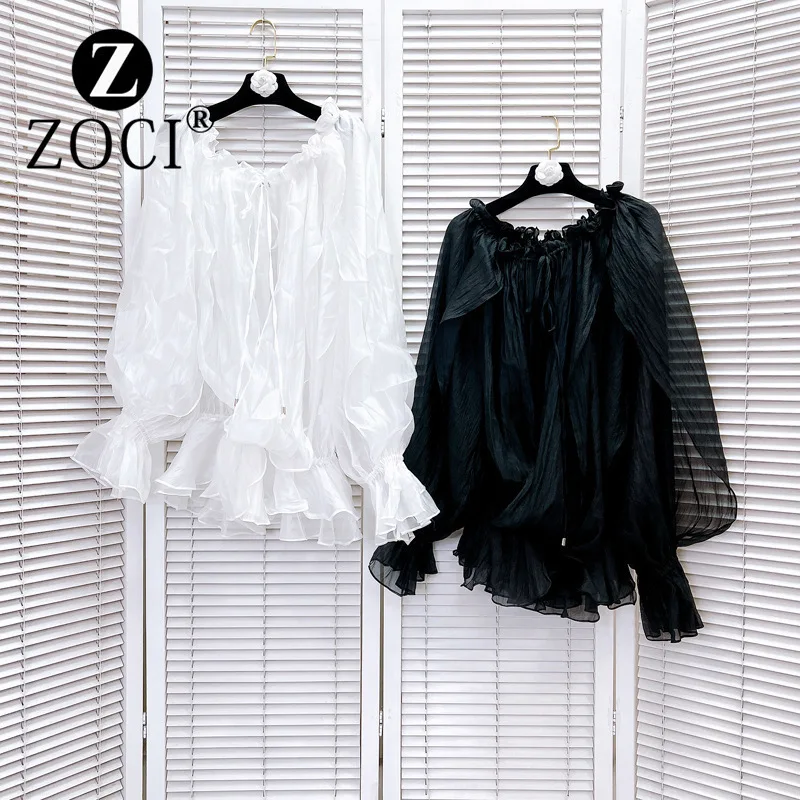 [ZOCI] Women Summer French Pure Desire One Collar Perspective Chiffon Horn Drawstring Long Sleeve T-shirt New