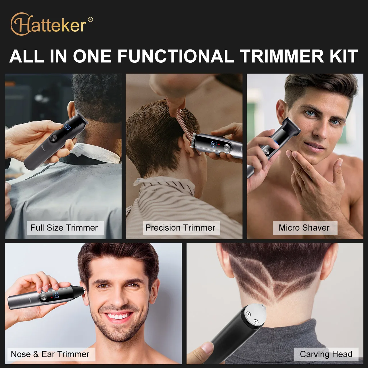 ماكينة تشذيب الشعر واللحية للرجال 5 في 1 قابلة لإعادة الشحن من Hatteker ماكينة حلاقة كهربائية لتصفيف الجسم قابلة للتعديل لتشكيل الوجه والحواجب