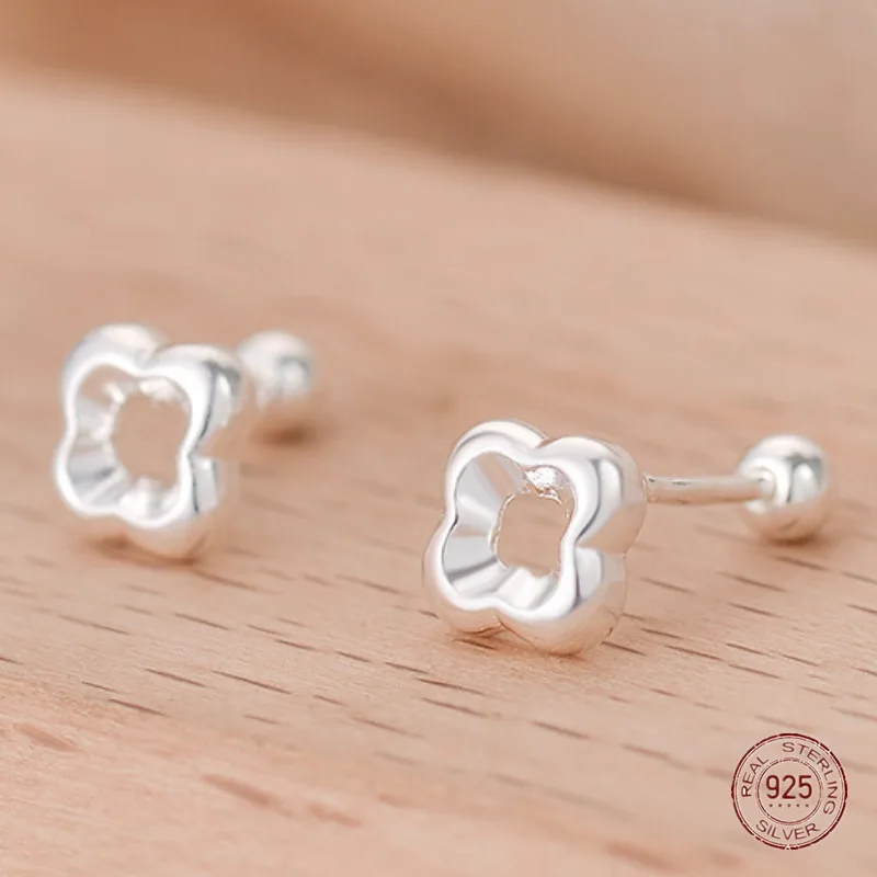 925 Sterling Silver Four Flower Small Stud Earrings for Girls Minimalist Screw Hollow Korean Earring Lady Piercing Jewelry Gift