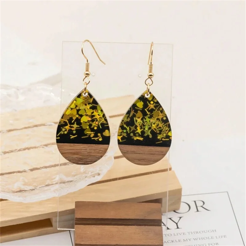 1 pair of Gothic style gold foil resin wood patchwork water drop pendant earrings for women's high-end elegant temperament desig