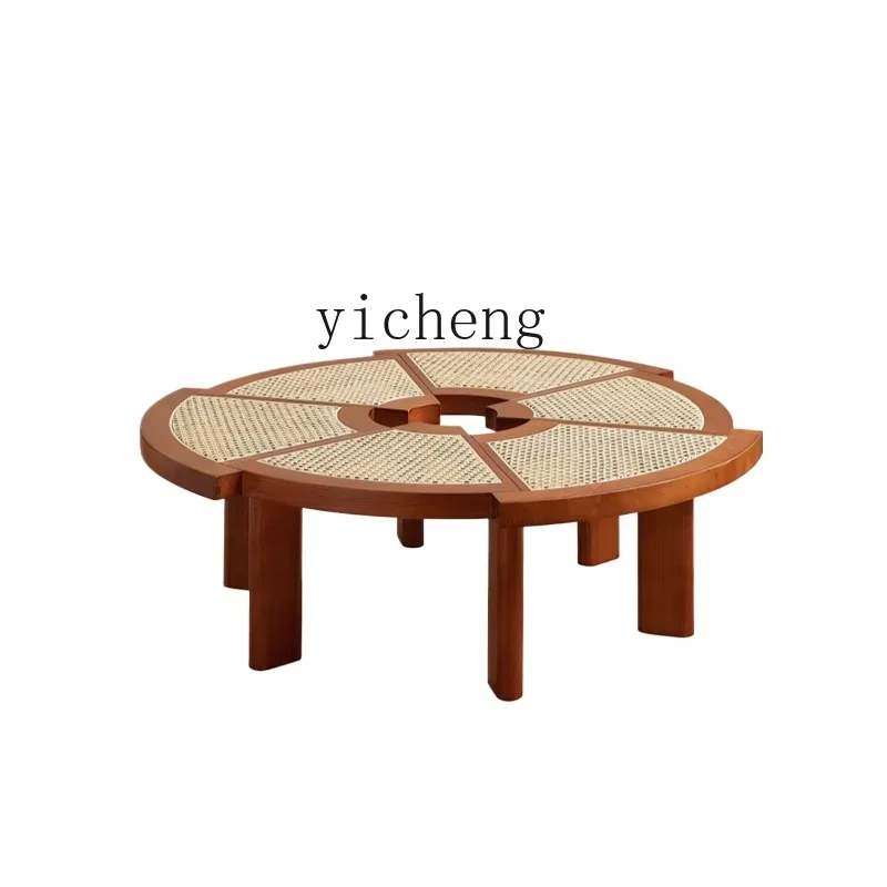 

TQH retro coffee table solid wood rattan round living room home gear creative simple modern solid wood coffee table