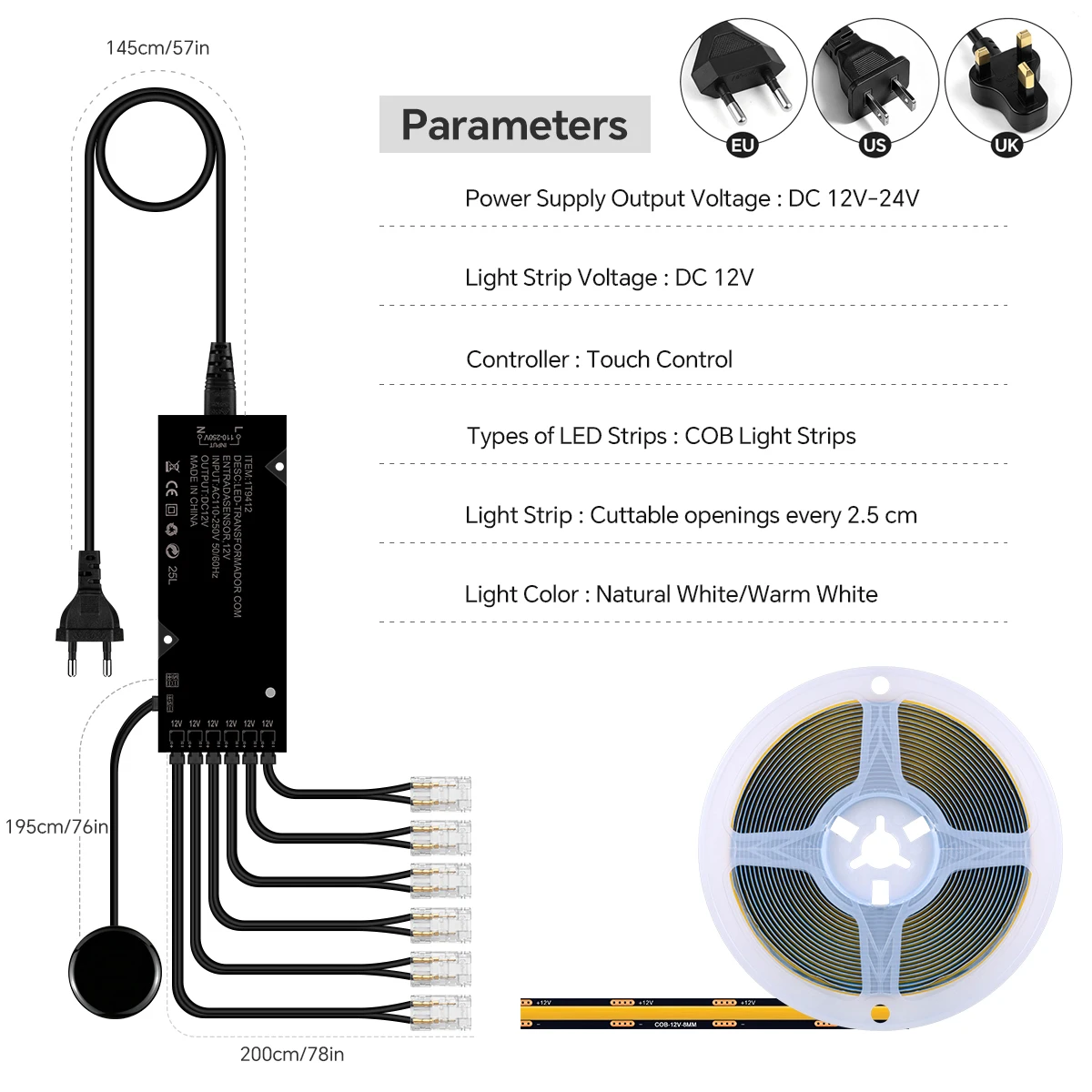 12V LED Wall Panel Lighting DIY Cuttable COB LED Strip Length 5m 10m Penetrable Wood Hand Sweep and Stepless Touch Dimmer Switch