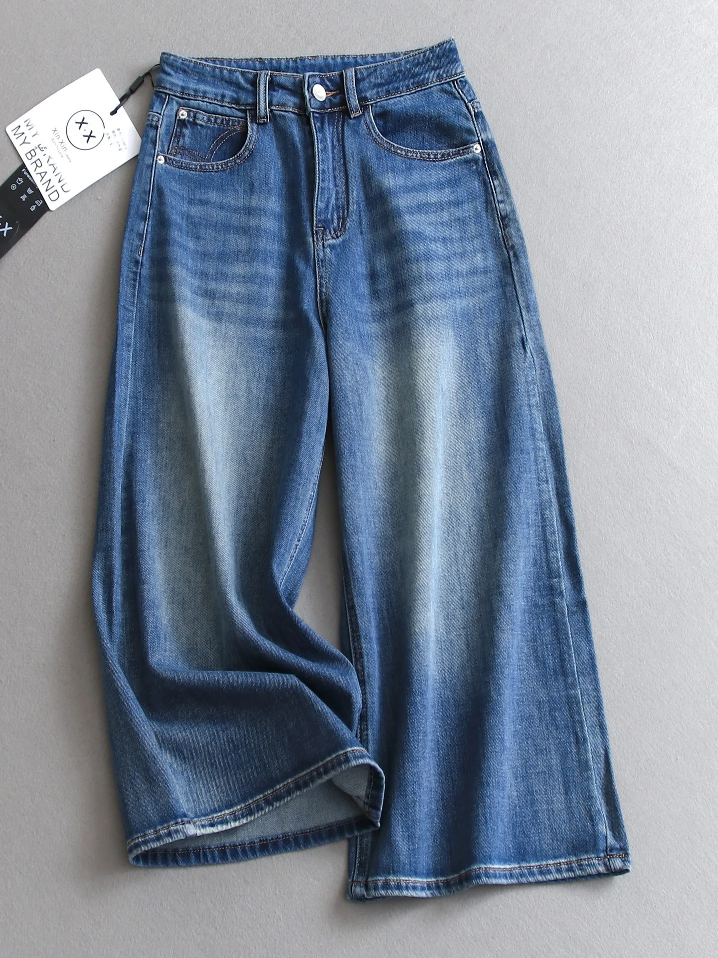 

Blue High Waist Slimming Loose Straight Leg Jeans Washed Denim Wide Leg Versatile Women's Capri Pants Summer Cotton Blend