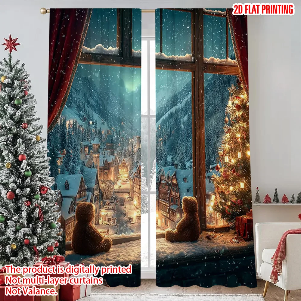 

2pcs 2D flat printing Christmas Curtain winter scene Versatile Polyester Without Electricity Family Party Perfect for Photo