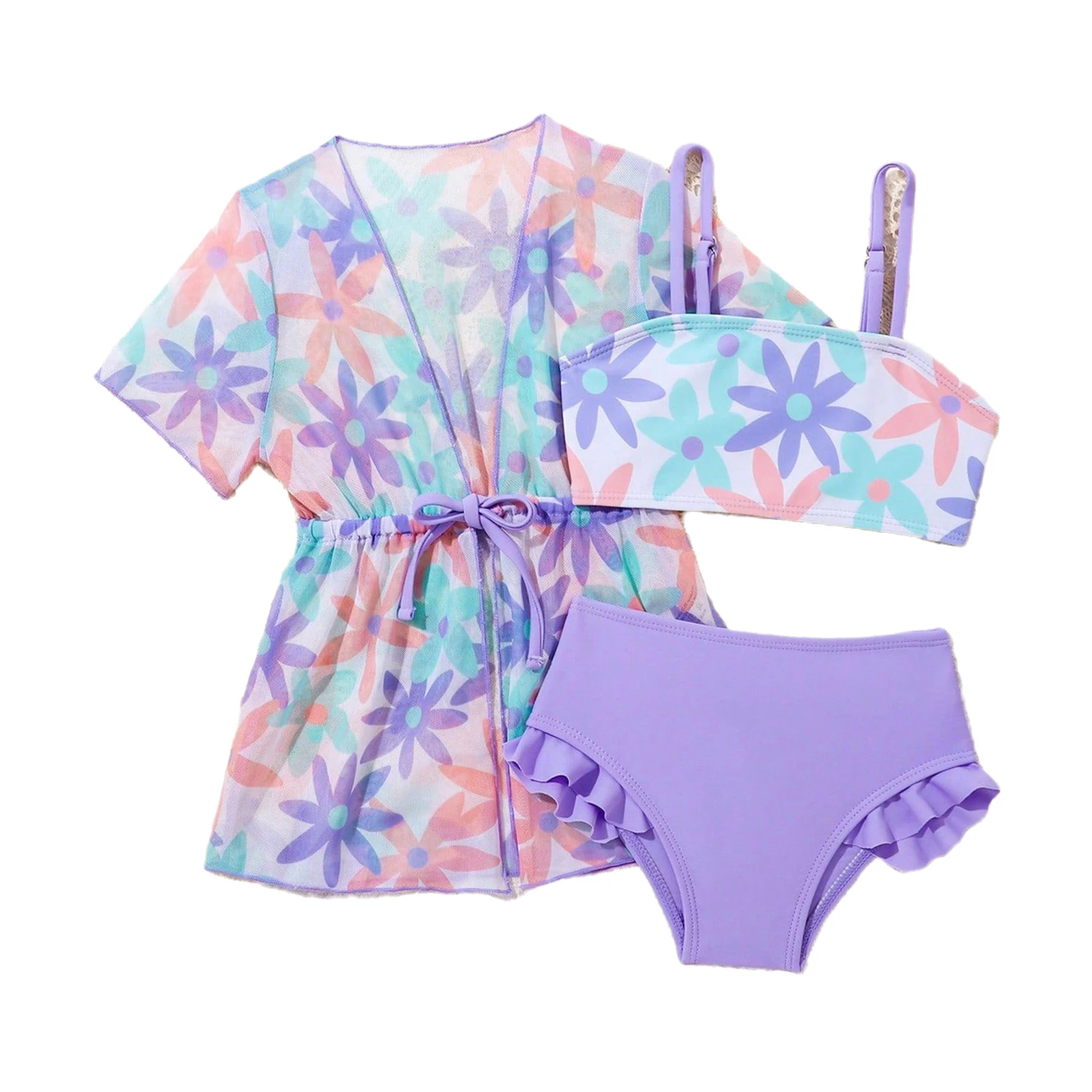 

Colorful Girls Cute Swimsuit Swim Tops with Bottom And Coverup Beach Dress Toddler Flower Print Ruffle Beach Bathing Bay Suit