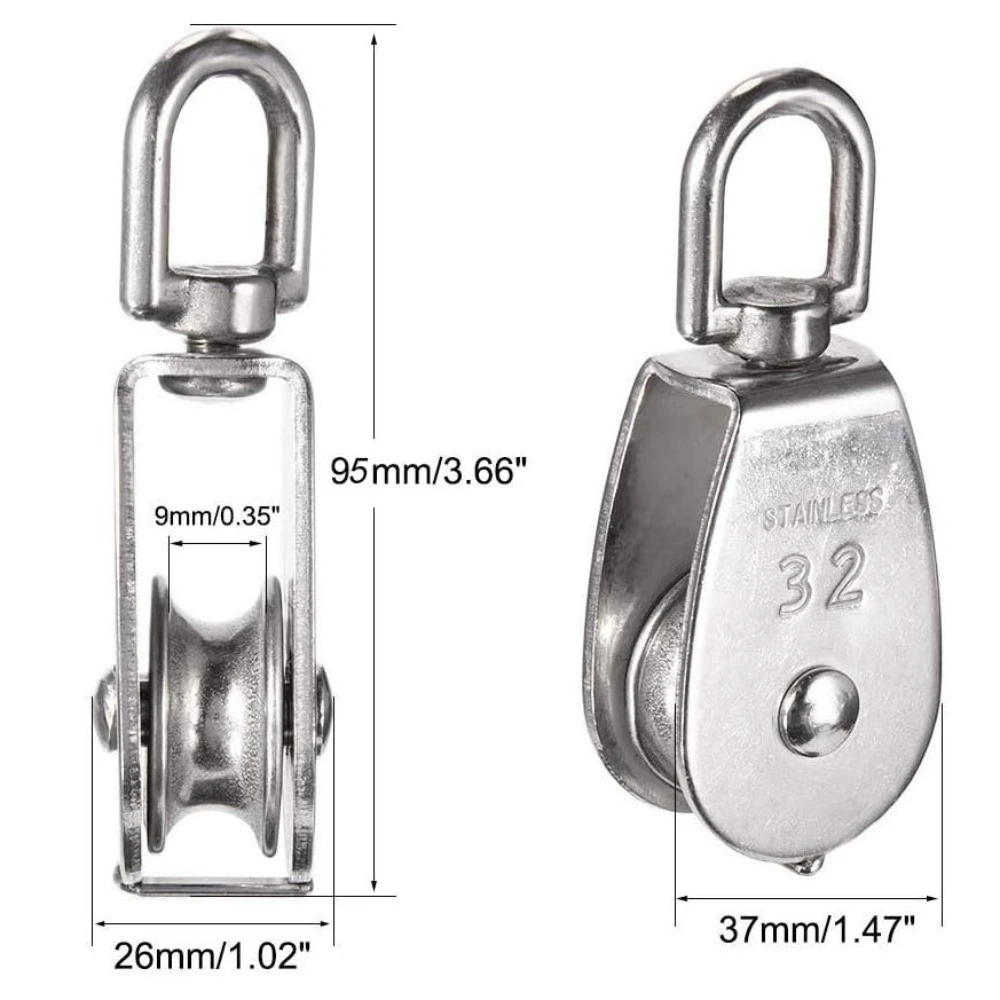 4Pcs M32 Single Pulley Block, Creatiee-Pro Heavy Duty 304 Stainless Steel Pulley Roller Crane Swivel Hook, Wheel Swivel Rigging