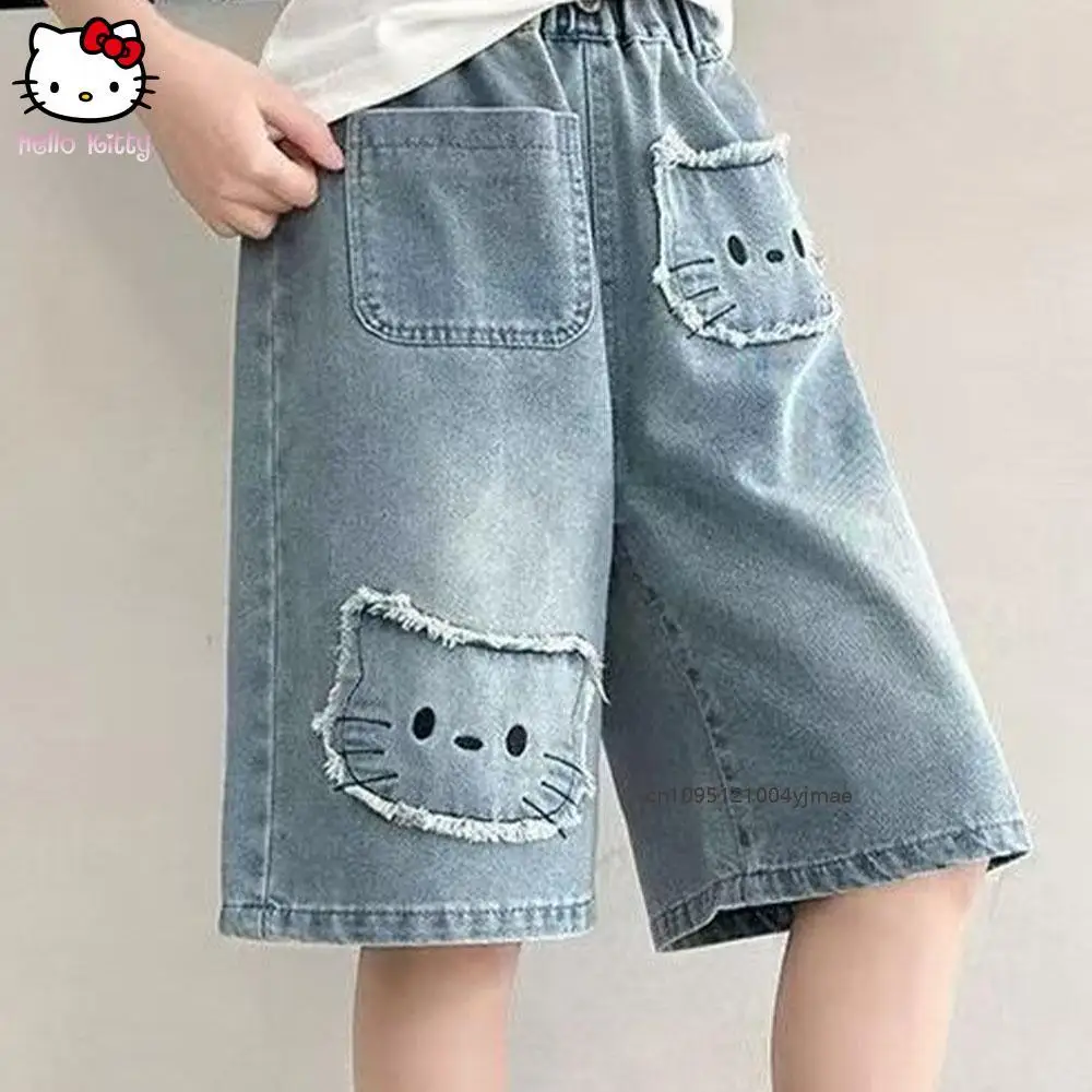 

Anime Sanrio Girls Hello Kitty Summer Denim Shorts 2025 Summer New Fashion Thin Style Jeans Casual Sport Shorts 5-15Y Cartoon