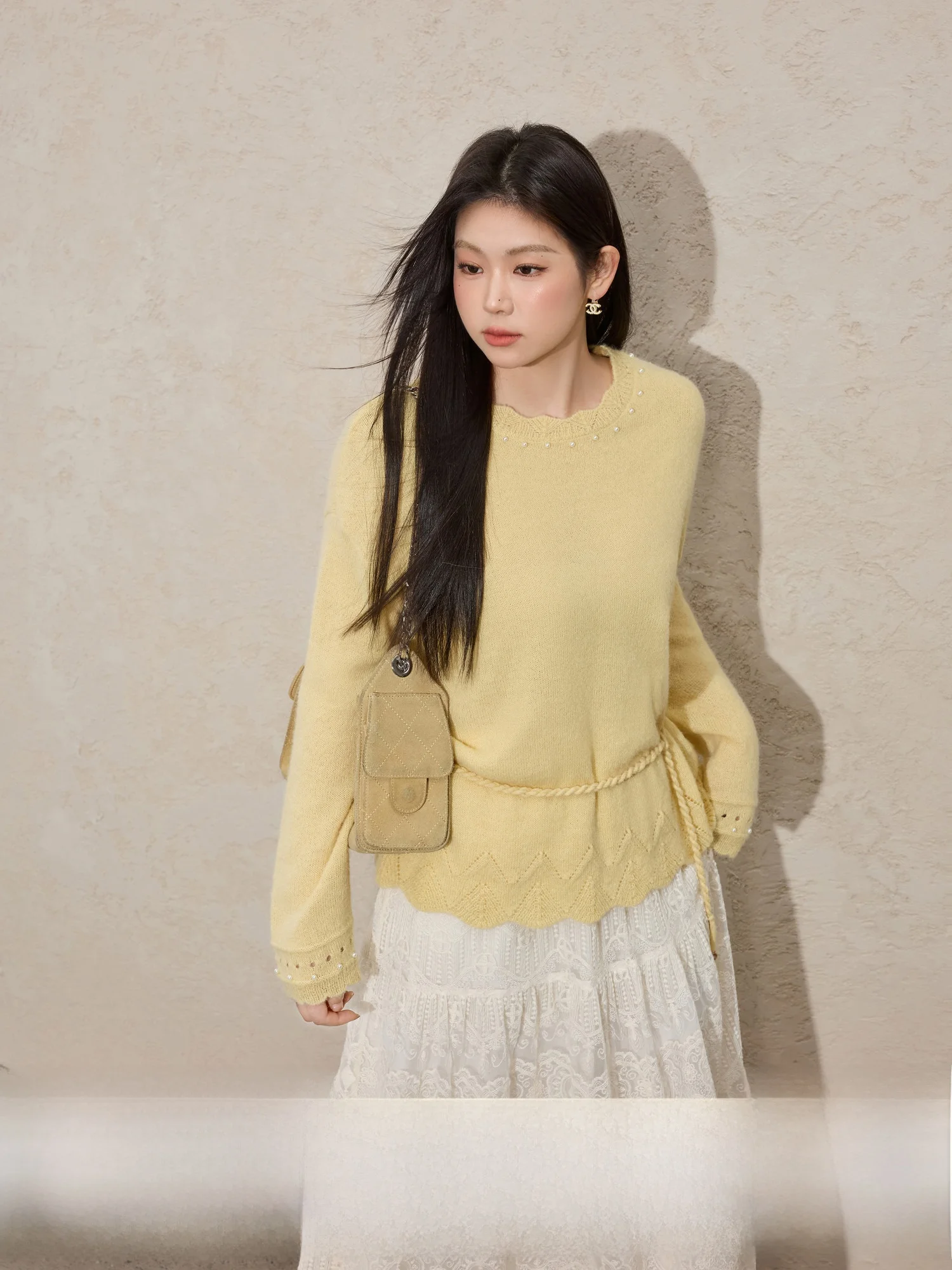 

Yellow Knitted Base Layer Sweater Women's Loose Fit Hollow out Big Size Spring New Sle Sweet Sle Knitwear with Belt