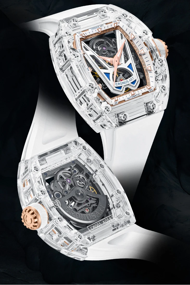 Cronusart relógio automático masculino 50mm luxo tonneau relógio de pulso mecânico caixa acrílica luminosa pulseira de borracha fluorada mostrador vitória