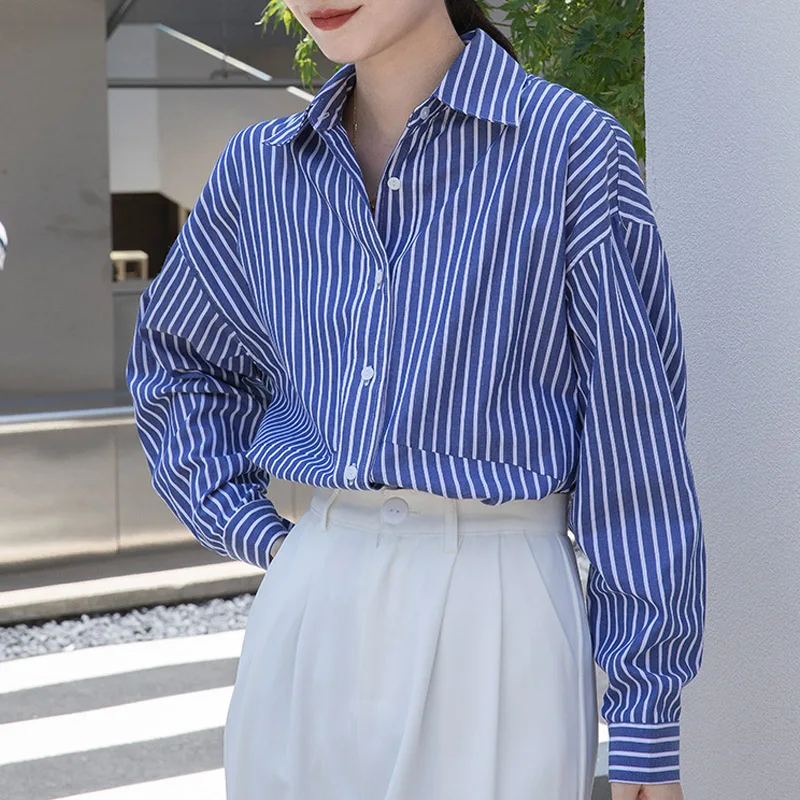 

2025 Fashion Long Sleeve Turn Down Collar Women Shirt Blue Striped Elegant Shirt Blouse Women Tops Camisas De Mujer Blusas N652