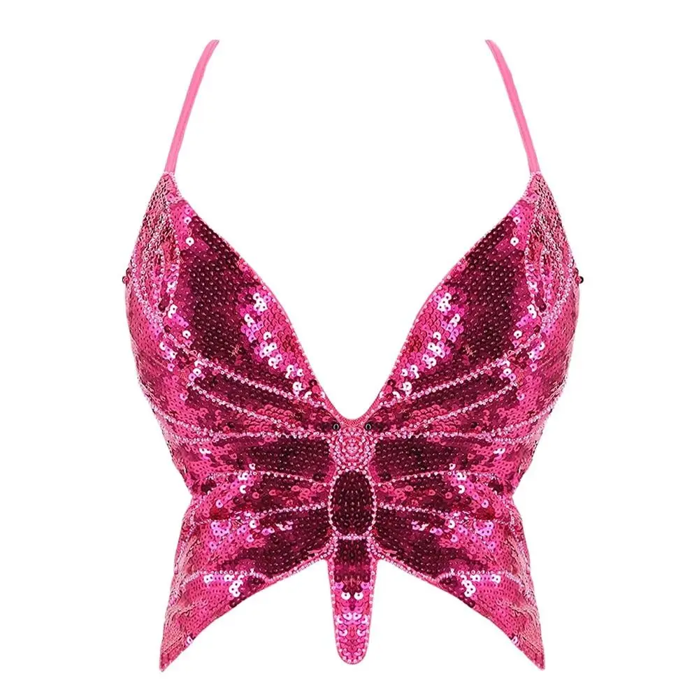 

Women Sexy Bandage Butterfly Bra Sequin Sparkly Crop Top Nightclub For Thailand/India/Arab Belly Dance Vest