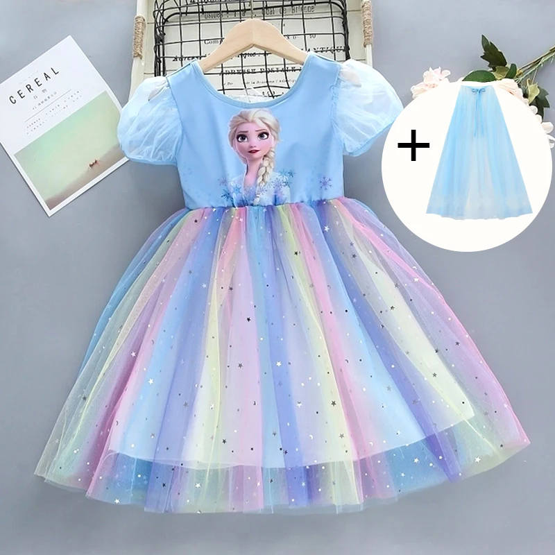 New Summer Girls Dress Cloak Short sleeve Disney Kids Clothes Blue for Children Birthday Party Frozen Elsa Anna Princess Dresses