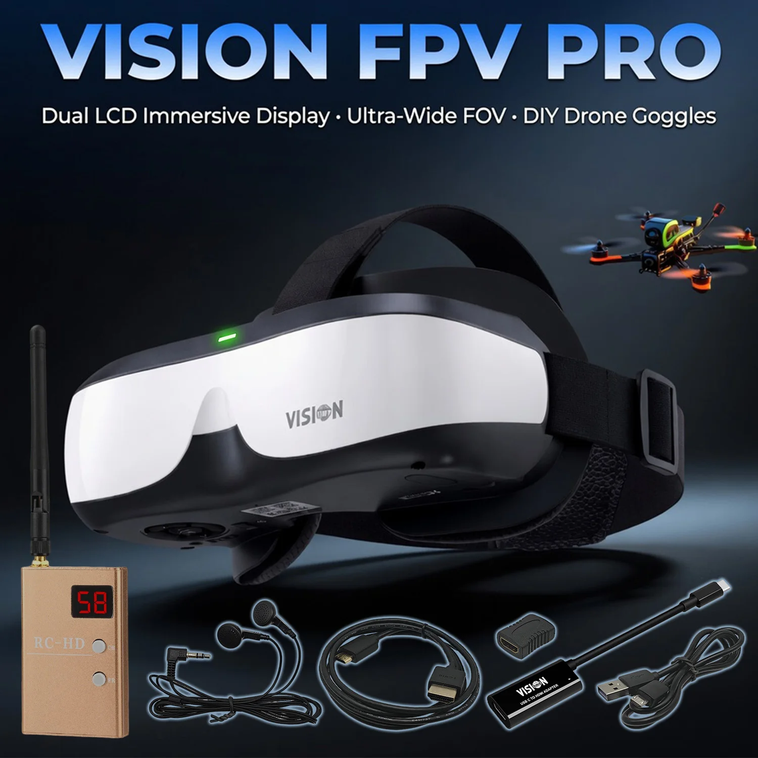 FPV Goggles, Head-Mounted Display, Analog Video Receiver, Entry-Level Flight Helmet, Non-VR/AR Goggles, Fixed Screen