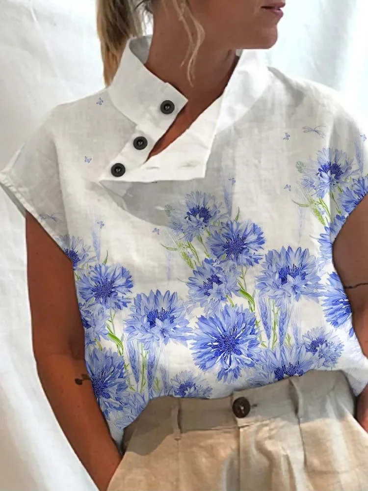 Summer Blouse Women Tops Vintage Floral Print Short Sleeve White Blouses Casual Buttons Slit Stand Neck Top Blusas