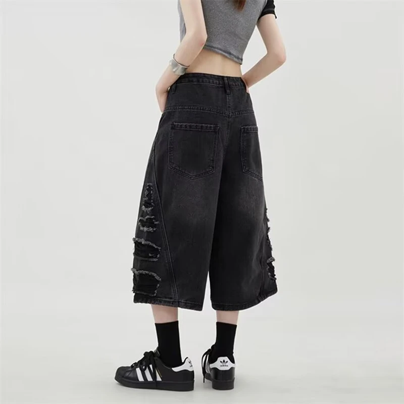 Women's Shorts Summer Black High Waist Y2K Ripped Straight Calf-Length Jeans Streetwear America Boyfriend Wide Leg Denim Shorts