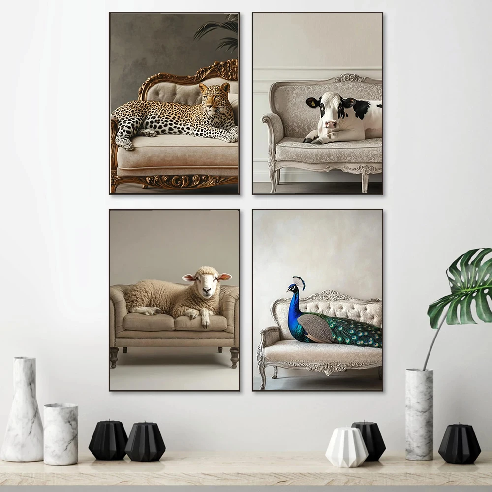 Light Colored Cream Aristocratic Style Animal Sofa Indoor Art Poster Canvas Print Mall Lounge Home Bedroom Wall Decor Painting