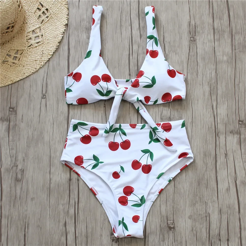 Cherry Print Bikini Push Up Front Knot Bikini 2019 Women Mujer Swimwear Biquini High Waist Bikini Set Sexy Swimming Suit