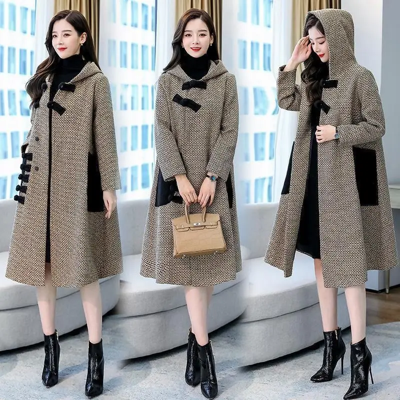 

New Autumn Winter Woolen Jacket Female Outerwear Korean Fashion Loose Cape Coat Women's Overcoat Mid-Llength Tweed Casual Tops