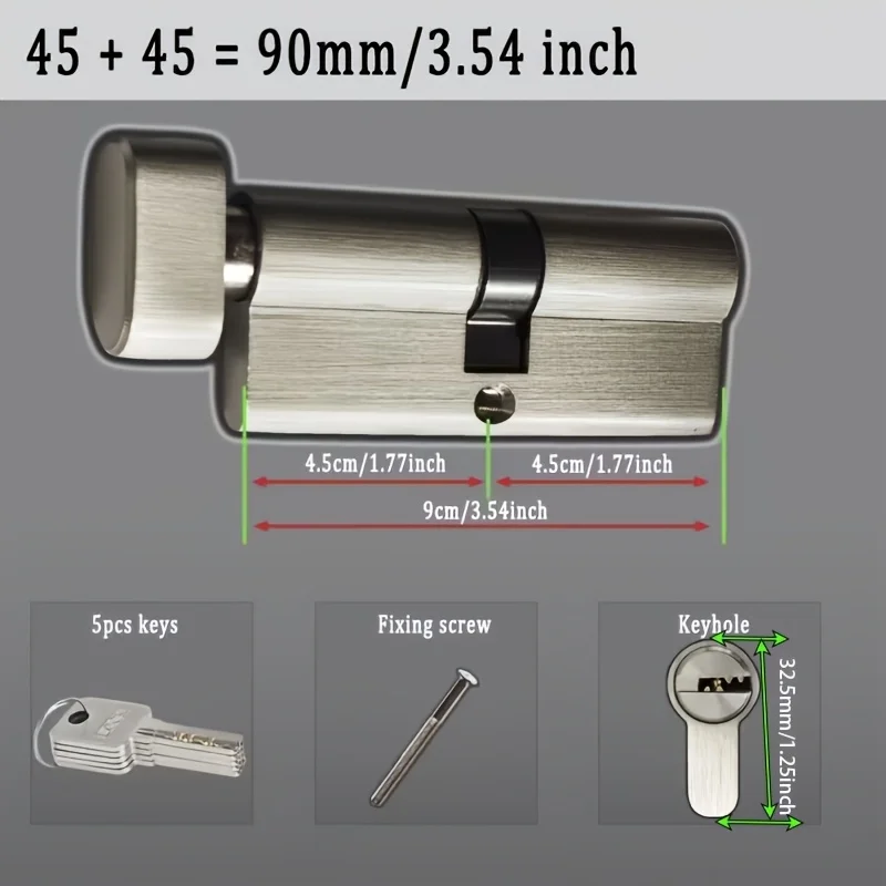 1Pc European Standard All-Copper Anti-Theft Lock Cylinder, Equipped with 5 Copper Universal Keys, Rust-Resistant, Corrosion-Resistant, Sturdy and Durable, 60/65/70/75/80/90/100/110/120Mm/32.5Mm, Reliable Home Security Lock Suitable for Entry Doors, Indoor and Outdoor Brass Locks with Handles. view 5