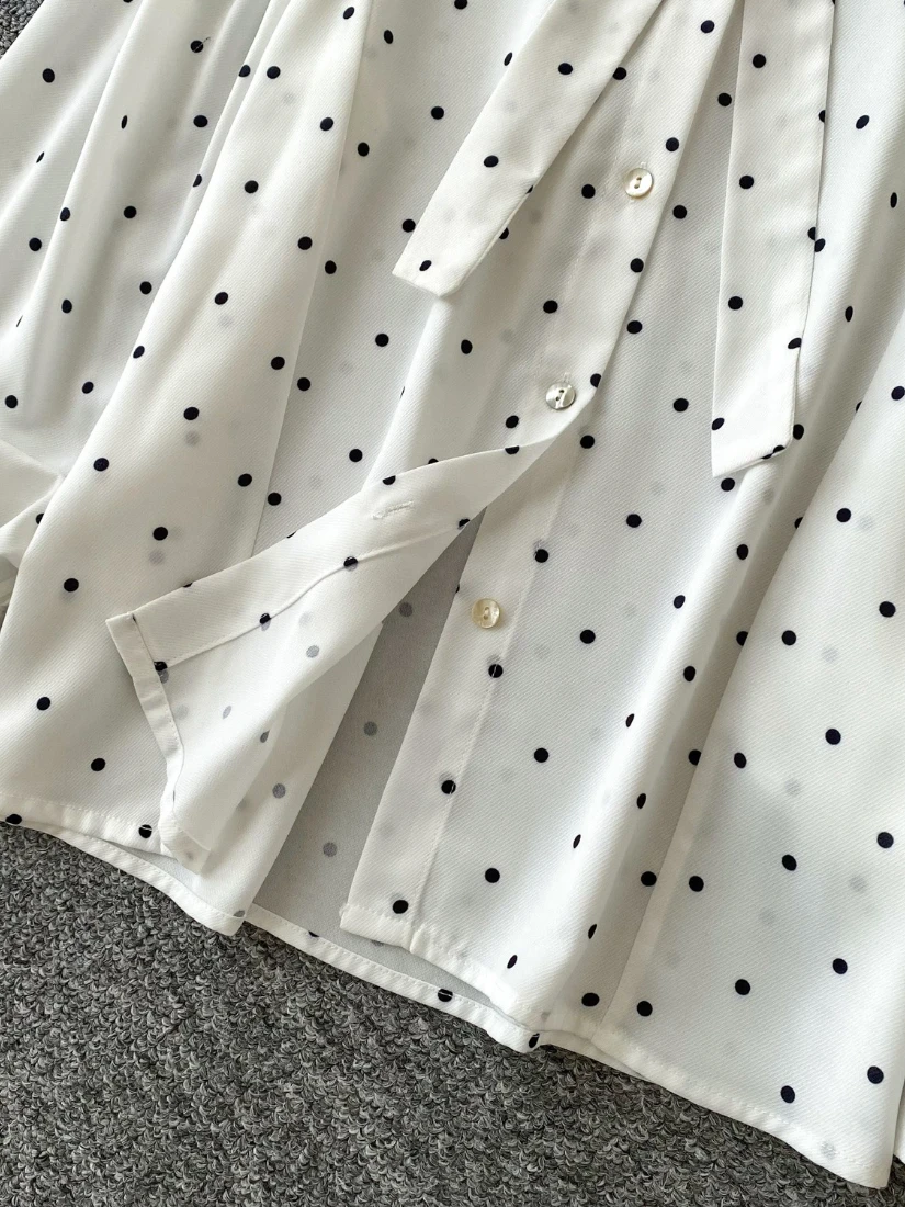 Foamlina Polka Dot Print Shirt Women Vintage Bow-tied Collar Lantern Sleeve Single Breasted Loose Shirt Female Casual Blouse Top