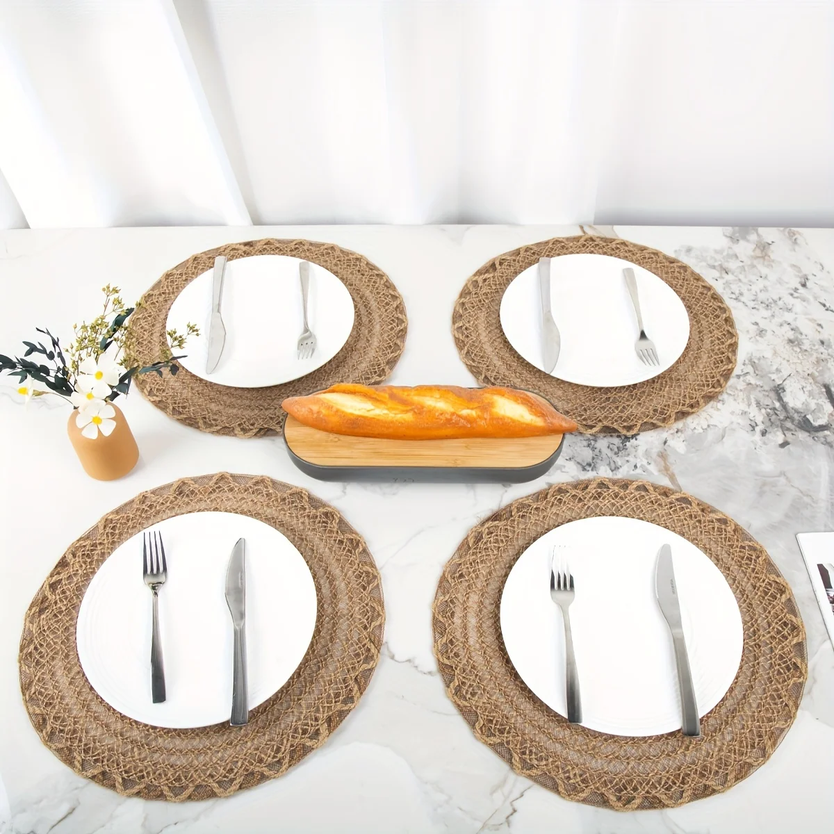 4pcs Farmhouse Burlap Placemats Wave Edge Weave Design Non-Slip Table Mats for Dining Decoration Natural Jute Material