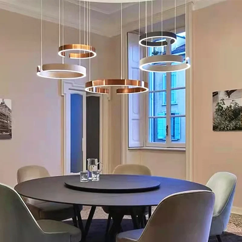 Nordic LED Ring Pendant Lamps, Luzes reguláveis para sala de estar, sala de jantar, lustre de cozinha, preto e dourado, decoração doméstica, luminária suspensa