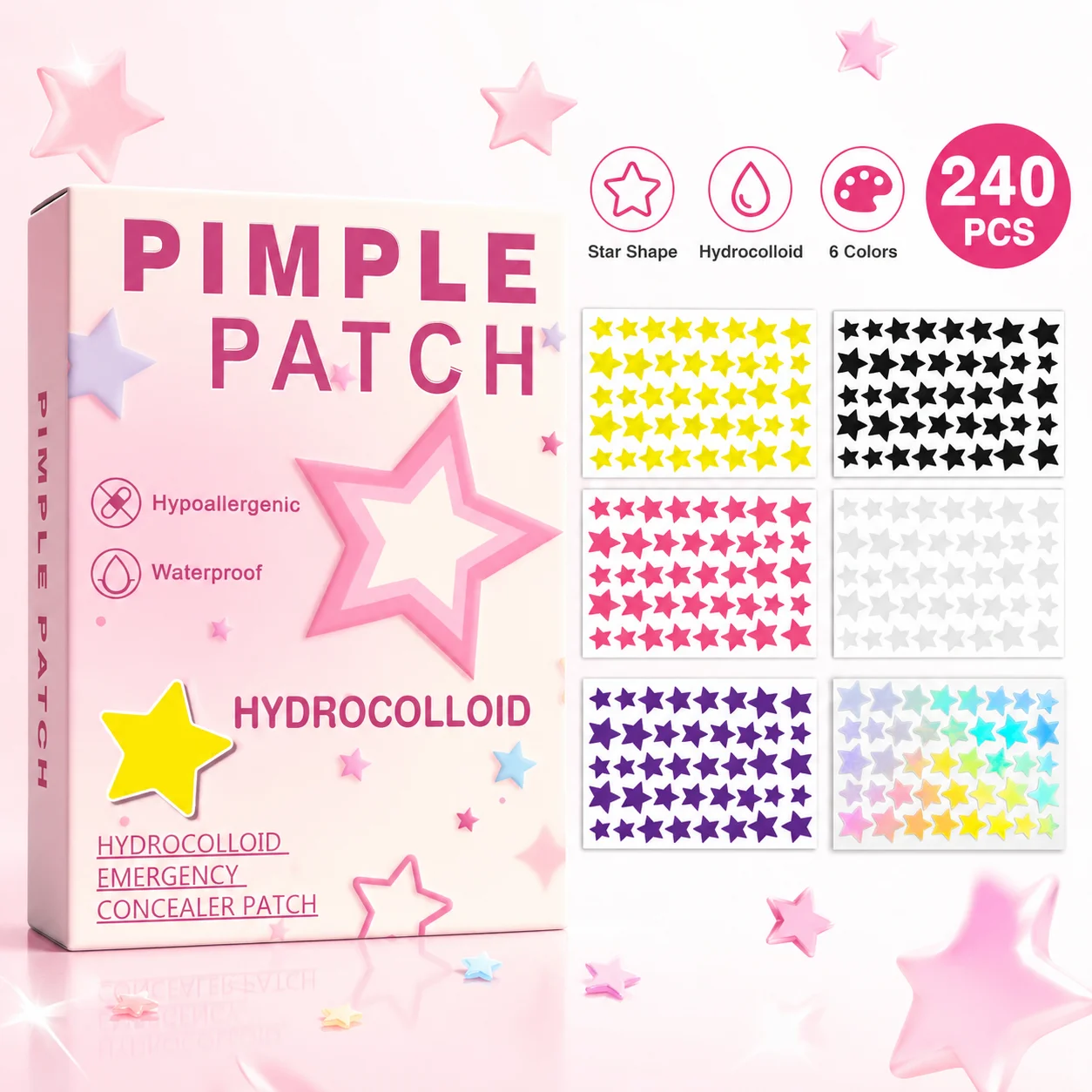 240PCS Star Pimple Patches For Face Hydrocolloid, Absorbing Cover, Tea Tree, Hydrocolloid Acne Patch, Cute Star Pimple Patch