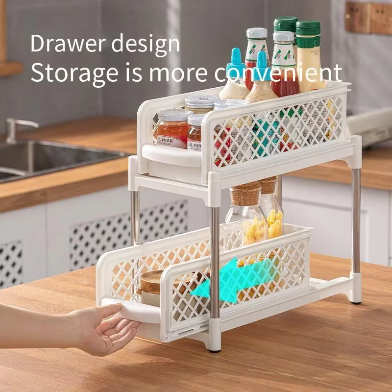 Multifunctional High Volume Double Pull-Out Shelves Plastic Shelves Drawer Under Sink Countertop Storage Rack Kitchen Supplies