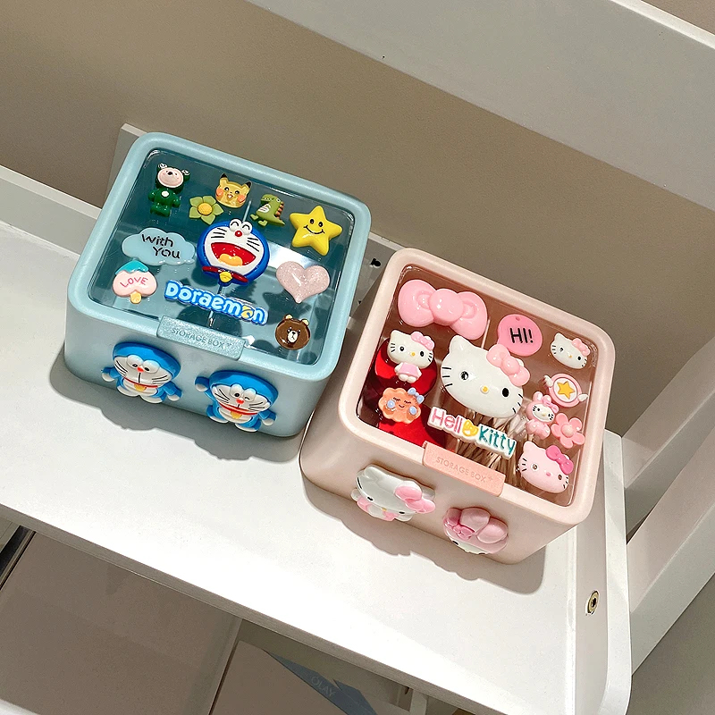 Sanrio Hello Kitty Lipstick Storage Box with Lid Cotton Pad Nordic Style Double-Layer Compartment Cartoon Desktop Storage Box