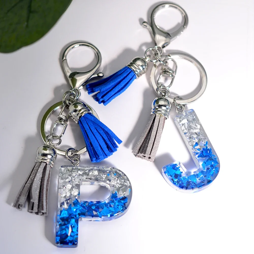 Glacier Sea 26 Initials Resin Keychain A to Z Sequin Filling Keyring for Women Men Blue Gray Tassel Pendant Handbag Accessories