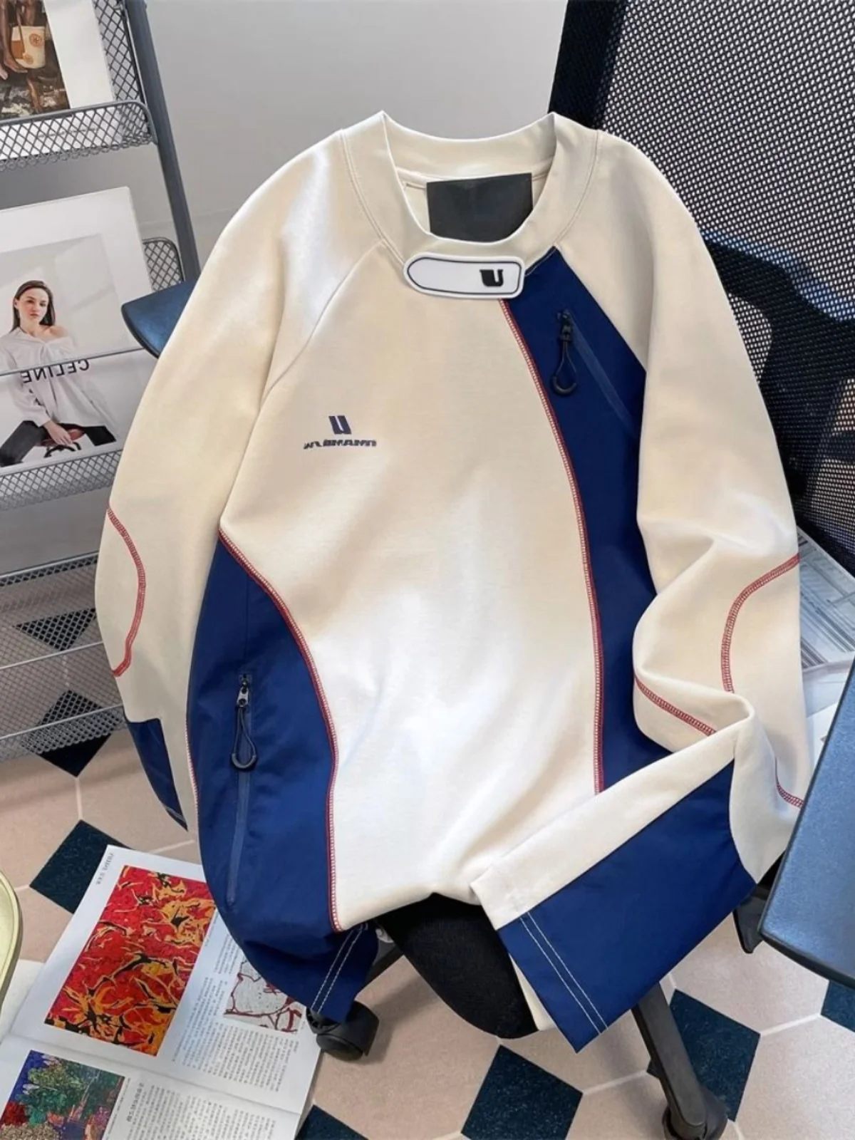 

Мужской свитшот больших размеров в американском ретро-стиле, осенний, асимметричный, с цветными блоками, круглым вырезом, модный, трендовый, в стиле Ins