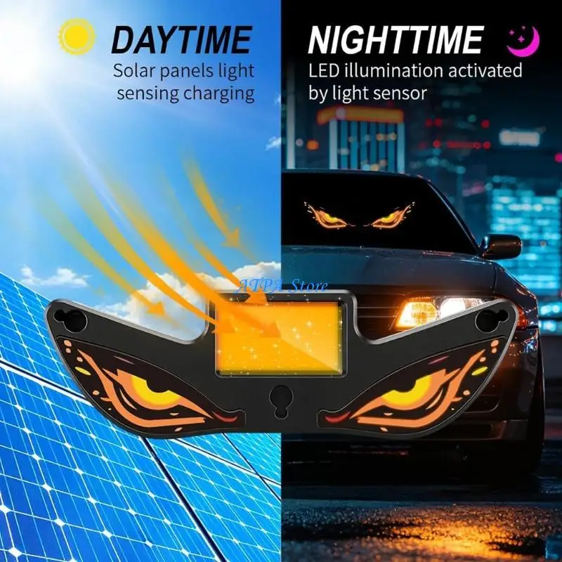 U13C Rechargeable Car Window Light, Solar LED Devil Eye Windshield Accent with 3 Suction Cups, 5 Lighting Modes For Cars