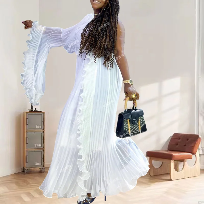 

Miyake Pleated Dress 2025 Summer Plus Size Pleated One-shoulder Solid Dress Long Dress Light Luxury Resort Style Pleated Skirt