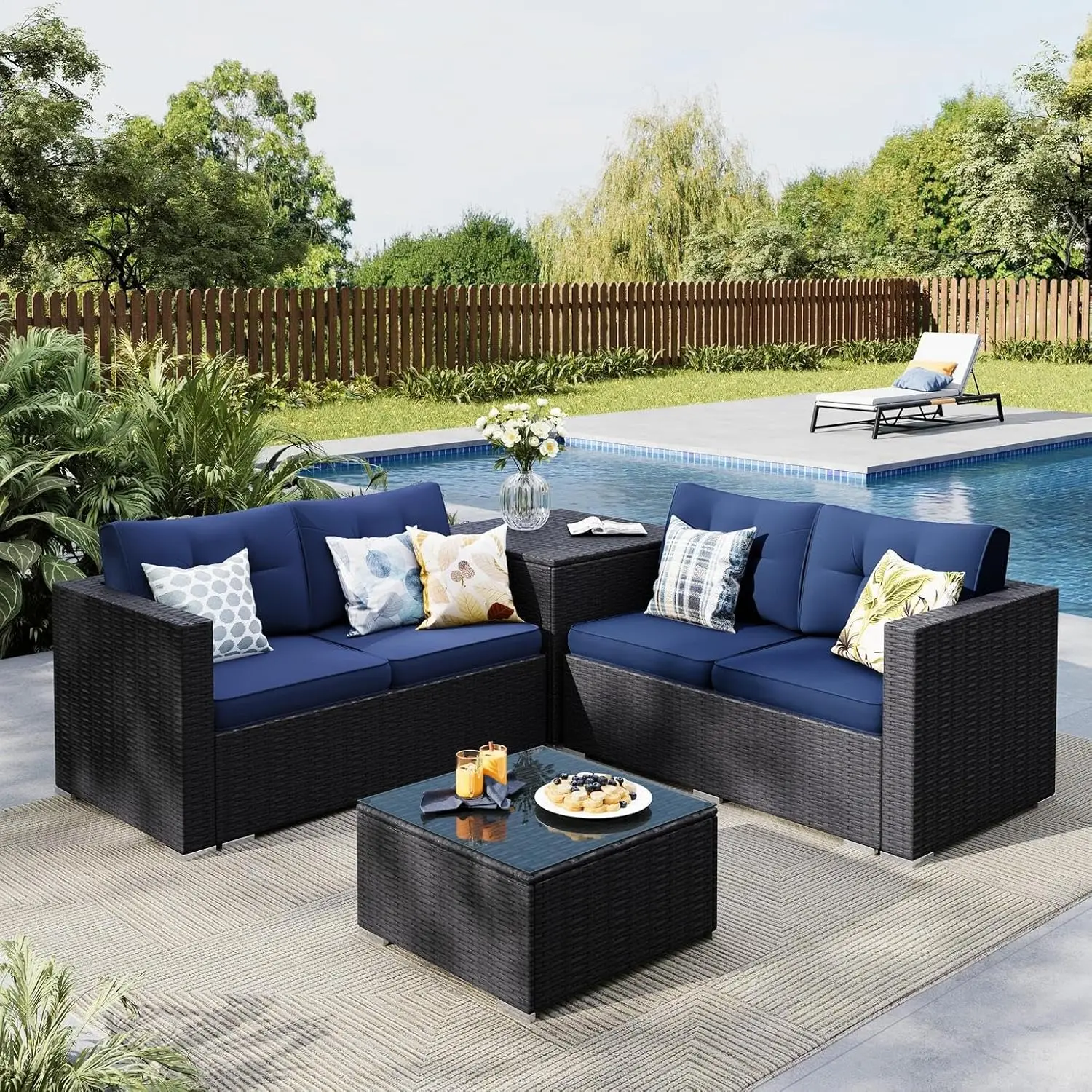 

4 Piece Wicker Patio Furniture Set, L Shaped Small Rattan Patio Sectional Sofa Couch Outdoor Conversation Sets With, Customized