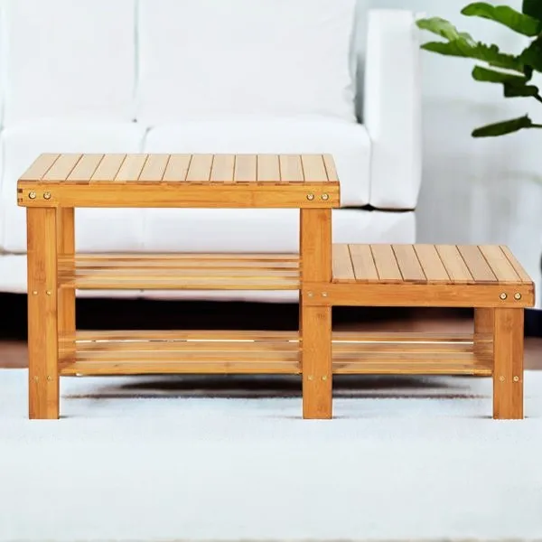 Kids Bamboo Shoe Rack - Wood Color, Strip Pattern, 90cm