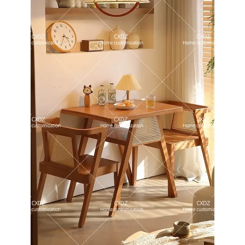 Solid Wood Tea Table Set 3 Piece Retro Folding Leisure Balcony Furniture Small Apartment One Table Two Chairs Drinking Tea
